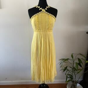 Elie Tahari Womens 10 Yellow Silk Chiffon Halter Dress Lace Pleats Vintage